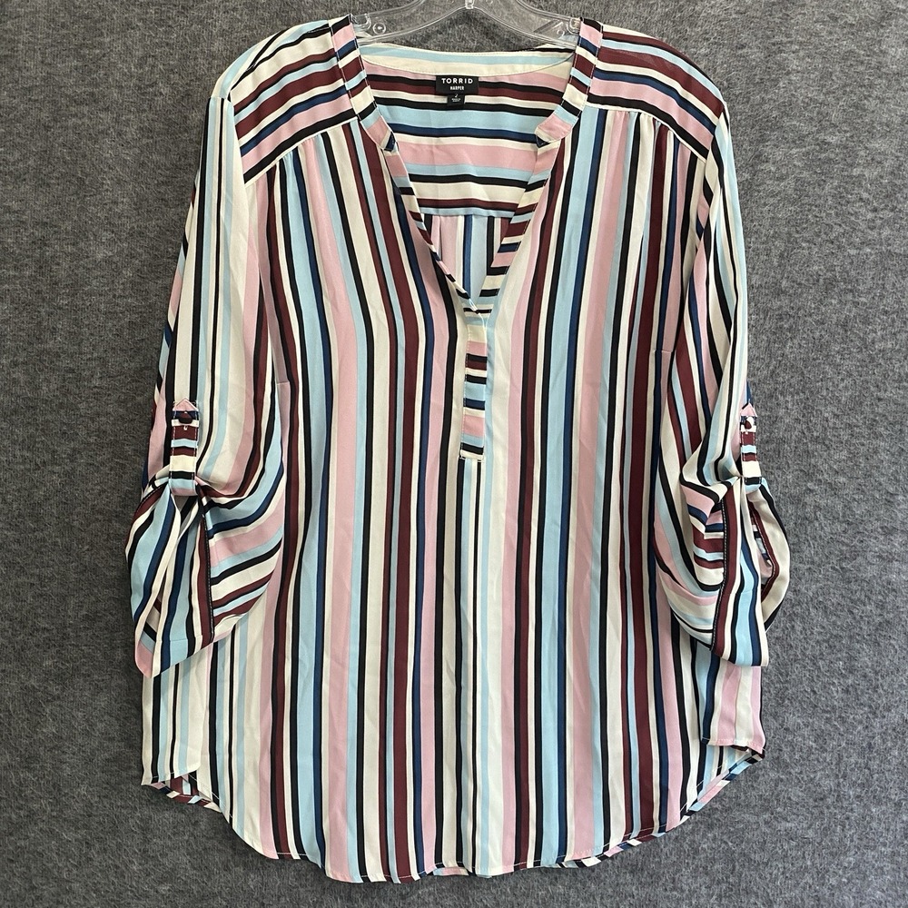 Torrid Harper Blouse Top Women 2 2X Multi Stripe Popover Roll Tab Flowy Office